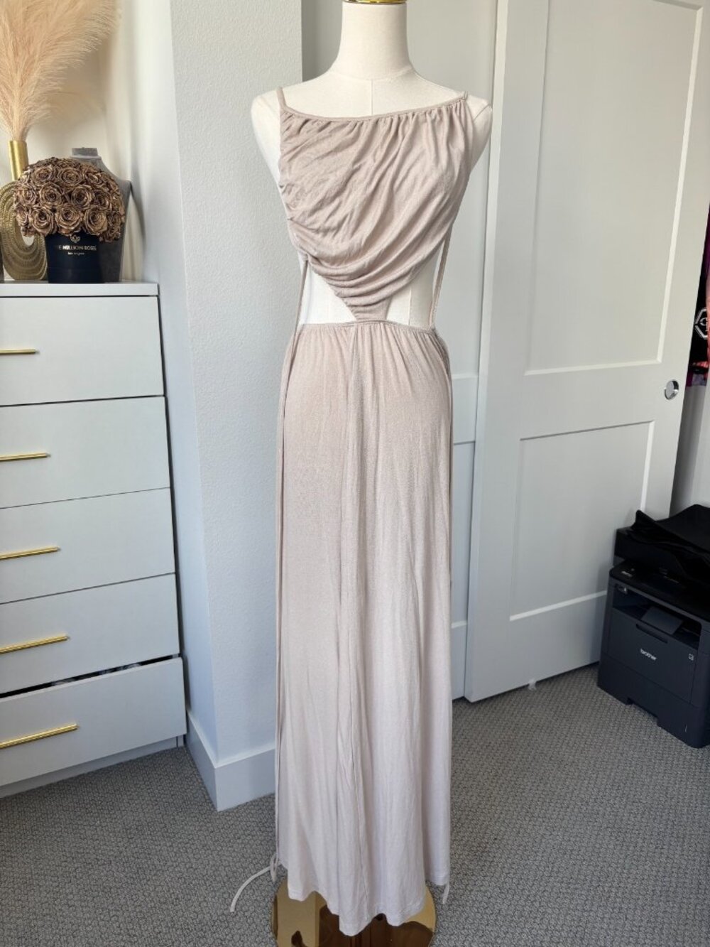 WIN WIN Cream Maxi Dress Draped bodice Side Cut-outs Flowy Skirt Womens Size S/M